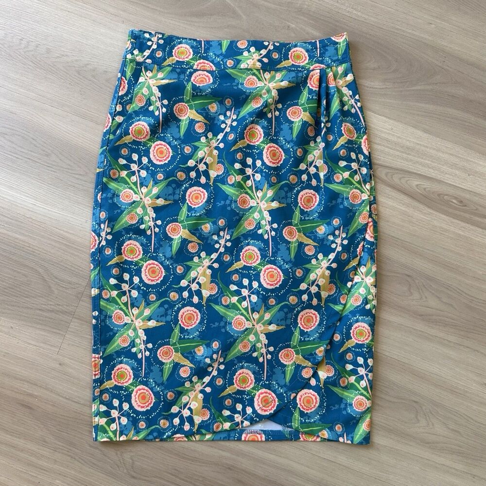 RIP SKIRT Hawaii Blue Floral True Wrap Skirt Knee Length Pockets Casual XS